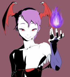 Rule 34 | 1girl, aura, bare shoulders, bridal gauntlets, capcom, collarbone, demon girl, elbow gloves, face, female focus, flat chest, flat color, gloves, head wings, lilith aensland, magic, purple hair, red eyes, short hair, simple background, solo, tocky, vampire (game), wings