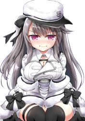 Rule 34 | 1girl, absurdres, azur lane, black gloves, black hair, black thighhighs, blush, breasts, cleavage, closed mouth, coat, fur-trimmed coat, fur trim, gloves, hair between eyes, hat, highres, jacket, large breasts, long hair, long sleeves, looking at viewer, mikage (shibi), pamiat merkuria (azur lane), purple eyes, red eyes, russian clothes, shirt, sitting, solo, thighhighs, white hat, white jacket