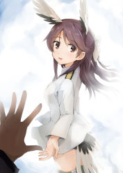 Rule 34 | 1girl, animal ears, bird ears, bird tail, bow, brave witches, brown eyes, brown hair, cloud, cloudy sky, commentary, flying, from side, hair bow, head wings, jacket, karibuchi takami, long hair, long sleeves, looking at viewer, military, military uniform, no pants, open mouth, outdoors, pov, shuiro (frog-16), sky, smile, solo, solo focus, standing, swimsuit, swimsuit under clothes, tail, uniform, white background, white jacket, wings, world witches series