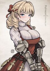 Rule 34 | 1girl, absurdres, artist name, blonde hair, blue eyes, braid, breasts, chascoby, drill hair, hair intakes, hair ribbon, highres, large breasts, looking at viewer, medium breasts, ribbon, scarlett (unicorn overlord), solo, unicorn overlord, upper body, vambraces, white background