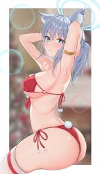 Rule 34 | 1girl, absurdres, armlet, ass, bikini, blue archive, blue eyes, blurry, blurry background, border, breasts, grey hair, halo, highres, large breasts, lens flare, mismatched pupils, mj (xmj0309), parted lips, pom pom (clothes), red bikini, santa bikini, shiroko (blue archive), side-tie bikini bottom, sideboob, sitting, solo, swimsuit, thighhighs, white border