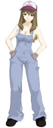 Rule 34 | 00s, 1girl, :3, baseball cap, boots, breasts, brown hair, cleavage, fujino shizuru, gloves, hat, jango-joe, large breasts, long hair, my-hime, my-otome, naked overalls, no bra, overalls, red eyes, solo, topless, trucker