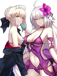 Rule 34 | 2girls, ahoge, apron, artoria pendragon (all), artoria pendragon (alter swimsuit rider) (fate), artoria pendragon (alter swimsuit rider) (second ascension) (fate), artoria pendragon (fate), bare shoulders, bikini, bikini top only, black bikini, black bow, black jacket, blonde hair, bow, braid, breasts, choker, cleavage, eating, fate/grand order, fate (series), flower, food, french braid, frilled apron, frilled bikini, frilled bikini top, frills, hair between eyes, hair bow, hair bun, hair flower, hair ornament, highres, hip focus, hood, hoodie, jacket, jeanne d&#039;arc (fate), jeanne d&#039;arc alter (avenger) (fate), jeanne d&#039;arc alter (fate), large breasts, long hair, maid, maid bikini, maid headdress, medium breasts, multiple girls, navel, off shoulder, open clothes, open hoodie, pale skin, parted lips, popsicle, purple bikini, saber alter, shigure s, silver hair, simple background, single hair bun, slit pupils, swimsuit, unconventional maid, waist apron, white background, yellow eyes