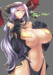 Rule 34 | 1girl, breasts, curvy, dragon, glasses, grey background, haganef, huge breasts, original, purple eyes, purple hair, revealing clothes, simple background, smile, solo, thighs, wide hips
