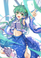 Rule 34 | 1girl, :d, akisome hatsuka, arm up, between fingers, blue skirt, bouncing breasts, breasts, commentary request, detached sleeves, frog hair ornament, green eyes, green hair, hair ornament, hair tubes, holding, jumping, kneehighs, kochiya sanae, light trail, long hair, looking at viewer, medium breasts, midriff, navel, ofuda, ofuda between fingers, open mouth, partial commentary, petticoat, simple background, skirt, smile, snake hair ornament, socks, solo, star (symbol), touhou, very long hair, white background, white socks