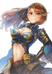 Rule 34 | 1girl, absurdres, armor, beatrix (granblue fantasy), belt, blush, breasts, brown hair, cleavage, granblue fantasy, green eyes, hair ornament, hair ribbon, hand on own hip, highres, large breasts, long hair, looking at viewer, midriff, navel, ponytail, ribbon, shoulder armor, signature, smile, solo, upper body, user rgcy7854