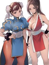 Rule 34 | 2girls, absurdres, arm guards, bare shoulders, bracelet, breasts, brown eyes, brown hair, bun cover, capcom, china dress, chinese clothes, chun-li, cleavage, crossover, double bun, dress, fatal fury, hair bun, high ponytail, highres, japanese clothes, jewelry, large breasts, long hair, looking at viewer, meke (77842928), multiple girls, ninja, pantyhose, pelvic curtain, ponytail, revealing clothes, rope, sash, shiranui mai, sideboob, simple background, smile, spiked bracelet, spikes, standing, street fighter, street fighter ii (series), the king of fighters, thick thighs, thighs