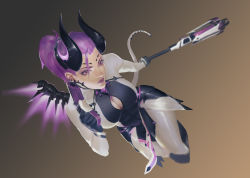 Rule 34 | 1girl, armor, bodysuit, breasts, brown background, cleavage, dark persona, demon horns, demon tail, dutch angle, facial mark, faulds, finger on trigger, forehead mark, foreshortening, from above, full body, glowing, glowing wings, gradient background, gun, hair tie, handgun, highres, holding, holding gun, holding staff, holding weapon, horns, imp mercy, jay risto, lips, looking at viewer, md5 mismatch, mechanical wings, medium breasts, medium hair, mercy (overwatch), nose, official alternate costume, overwatch, overwatch 1, parted lips, pistol, ponytail, purple eyes, purple hair, purple wings, solo, staff, tail, weapon, wings