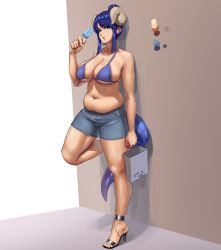 Rule 34 | 1girl, against wall, anklet, bag, belly, bikini, bikini top only, blue eyes, blue eyeshadow, blue hair, breasts, cleavage, collarbone, color guide, curled horns, dragon girl, dragon tail, earrings, eyeshadow, fingernails, food, full body, hair bun, high heels, highres, horns, jewelry, large breasts, leg lift, lysaris (steamedturnips), makeup, mole, mole under eye, muffin top, navel, original, plump, popsicle, pumps, purple bikini, shopping bag, shorts, sidelocks, single earring, single hair bun, solo, standing, steamedturnips, strap gap, swimsuit, tail, thick thighs, thighs, toeless footwear, toes, updo, wall
