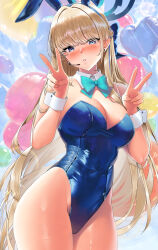 Rule 34 | 1girl, animal ears, balloon, blonde hair, blue archive, blue bow, blue bowtie, blue eyes, blue leotard, blush, bow, bowtie, breasts, cowboy shot, detached collar, double v, fake animal ears, highres, kawai (purplrpouni), leotard, long hair, looking at viewer, medium breasts, official alternate costume, parted lips, rabbit ears, solo, strapless, strapless leotard, toki (blue archive), toki (bunny) (blue archive), v, wrist cuffs