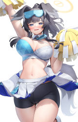 Rule 34 | 1girl, animal ears, arm up, bare shoulders, bike shorts, black hair, black shorts, blue archive, blush, breasts, cheerleader, cleavage, dog ears, dog girl, dog tail, duplicate, eyewear on head, goggles, goggles on head, halo, hibiki (blue archive), hibiki (cheer squad) (blue archive), highres, holding, holding pom poms, large breasts, long hair, looking at viewer, midriff, millennium cheerleader outfit (blue archive), navel, open mouth, pom pom (cheerleading), pom poms, ponytail, shorts, shorts under skirt, simple background, skirt, solo, sticker on arm, sticker on face, stomach, suraimu (suraimuraimu), tail, thighs