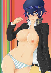 Rule 34 | 1girl, atlus, blue panties, breasts, hat, majoccoid, nipples, open clothes, panties, persona, persona 4, shirogane naoto, short hair, solo, striped clothes, striped panties, underwear
