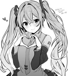 Rule 34 | 1girl, black skirt, black sleeves, blush, closed mouth, commentary request, crossed bangs, detached sleeves, grey necktie, grey shirt, greyscale, hair between eyes, hair intakes, hands up, hatsune miku, heart, heart hands, highres, long hair, looking at viewer, metsu end, monochrome, necktie, nose blush, shirt, simple background, skirt, sleeveless, sleeveless shirt, smile, twintails, upper body, vocaloid, white background