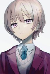 Rule 34 | 1other, akiyama mizuki, amg (amo10), androgynous, bad id, bad twitter id, blazer, blue necktie, closed mouth, collared shirt, commentary, expressionless, grey background, highres, jacket, lapels, looking at viewer, necktie, notched lapels, official alternate hair length, official alternate hairstyle, pink hair, pink theme, portrait, project sekai, purple jacket, school uniform, shirt, short hair, simple background, solo, sweater vest, wing collar