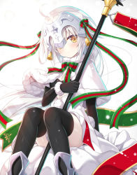 Rule 34 | 1girl, ahoge, bell, black gloves, black thighhighs, blush, bow, capelet, elbow gloves, fate/grand order, fate (series), gloves, hair ribbon, headpiece, helmet, jeanne d&#039;arc (fate), jeanne d&#039;arc alter (fate), jeanne d&#039;arc alter santa lily (fate), looking at viewer, ribbon, simple background, sitting, solo, striped ribbon, thighhighs, white background, yano mitsuki (nanairo), yellow eyes