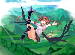 Rule 34 | 1girl, ass, bag, black socks, black wings, dress shirt, female focus, flying, geta, gradient background, hair ribbon, highres, himekaidou hatate, kirisato itsuki, kneehighs, landscape, leg ribbon, light rays, long hair, nature, necktie, open mouth, outdoors, outstretched arms, plant, pointy ears, red eyes, ribbon, satchel, shirt, skirt, sky, smile, socks, solo, spread arms, sunbeam, sunlight, tengu-geta, thighs, touhou, twintails, wings, wristband
