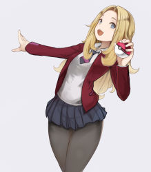 Rule 34 | 1girl, black neckwear, black pantyhose, blonde hair, blue background, blue eyes, blue skirt, blush, breasts, collared shirt, creatures (company), forehead, game freak, ginji74, highres, holding, jacket, lass (pokemon), long hair, long sleeves, looking at viewer, miniskirt, necktie, nintendo, open mouth, pantyhose, poke ball, poke ball (basic), pokemon, pokemon swsh, red jacket, school uniform, shirt, simple background, skirt, small breasts, smile, standing, thighs, white shirt