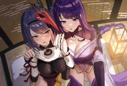 Rule 34 | 2girls, black bodysuit, black hair, blush, bodysuit, braid, breasts, cleavage, collarbone, detached sleeves, from above, genshin impact, hand on another&#039;s shoulder, highres, hominamia, indoors, japanese clothes, kimono, kujou sara, lamp, mask, mask on head, mole, mole under eye, multiple girls, open mouth, purple eyes, purple hair, purple kimono, purple legwear, raiden shogun, single braid, thighhighs, yellow eyes