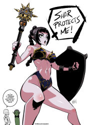 Rule 34 | !, 2girls, armor, baldur&#039;s gate, baldur&#039;s gate 3, bikini armor, black hair, blunt bangs, breasts, colored skin, commentary, dungeons &amp; dragons, english commentary, english text, feet out of frame, green eyes, green skin, highres, holding, holding mace, holding shield, kukuruyo, lae&#039;zel, mace, medium breasts, multiple girls, navel, open mouth, patreon username, pointy ears, shadowheart (baldur&#039;s gate), shield, simple background, speech bubble, spiked mace, spikes, teeth, tongue, watermark, weapon, white background