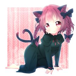 Rule 34 | 1girl, akisha, all fours, animal ears, bad id, bad pixiv id, barefoot, bow, braid, cat ears, cat tail, dress, fang, green dress, hair bow, hair bun, highres, juliet sleeves, kaenbyou rin, long hair, long sleeves, looking at viewer, multiple tails, nekomata, puffy sleeves, red eyes, red hair, smile, solo, tail, touhou, twin braids