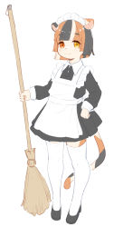 Rule 34 | 1boy, 848siba, absurdres, animal ears, apron, black dress, black footwear, black hair, blunt ends, broom, cat boy, cat ears, cat tail, collared dress, dress, flat color, full body, furry, furry male, heterochromia, highres, holding, holding broom, maid apron, maid headdress, male focus, multicolored hair, orange hair, original, red eyes, shoes, simple background, smile, solo, tail, thighhighs, trap, white background, white hair, white thighhighs, yellow eyes