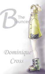 Rule 34 | 1girl, blonde hair, boots, coat, dominique cross, female focus, full body, gradient background, head scarf, koufuu, lowres, no pants, short hair, solo, the bouncer, white background
