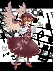 Rule 34 | 1girl, animal ears, bird ears, bird wings, black pantyhose, bow, breasts, brown dress, brown eyes, brown hair, brown headwear, collared shirt, commentary request, dress, dress bow, feathered wings, frilled sleeves, frills, full body, hair between eyes, hand on own chest, hat, high heels, highres, kuri dora, long bangs, long sleeves, looking at viewer, music, musical note, mystia lorelei, open mouth, pantyhose, pinafore dress, pink bow, red footwear, shirt, short hair, singing, sleeve garter, sleeveless, sleeveless dress, small breasts, smile, solo, staff (music), standing, touhou, white background, white shirt, white wings, winged footwear, winged hat, wings