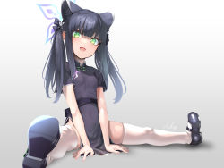 Rule 34 | 1girl, :d, animal ears, belt, black hair, blue archive, blunt bangs, china dress, chinese clothes, dress, green eyes, halo, long hair, mary janes, open mouth, shoes, shun (blue archive), shun (small) (blue archive), sitting, smile, solo, spread legs, thighhighs, twintails, usuki (graygreed), white thighhighs