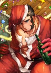 Rule 34 | 1boy, abs, alternate costume, bad id, bad twitter id, bara, bottle, chest hair, christmas, christmas ornaments, commission, drunk, feet out of frame, forked eyebrows, from above, hachimaki, hat, headband, itaru (kidomh63), jewelry, large pectorals, long sideburns, looking at viewer, looking up, magatama, magatama necklace, male focus, mature male, muscular, muscular male, mutton chops, necklace, nejiri hachimaki, parted lips, partially undressed, pectoral cleavage, pectorals, santa costume, santa hat, short hair, sideburns, sitting, skeb commission, solo, sparkle, tajikarao (housamo), tokyo houkago summoners, tusks, wine bottle