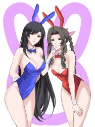 Rule 34 | 2girls, aerith gainsborough, animal ears, arms behind back, bare shoulders, black hair, blue bow, blue bowtie, blue leotard, bow, bowtie, braid, breasts, brown hair, bunny day, cleavage, closed mouth, commentary, cowboy shot, detached collar, earrings, english commentary, fake animal ears, fake tail, final fantasy, final fantasy vii, final fantasy vii remake, finger to mouth, green eyes, hair ribbon, hand on own thigh, highres, jewelry, kivavis, large breasts, leaning forward, leotard, long hair, looking at viewer, medium breasts, multiple girls, parted bangs, parted lips, pink lips, pink ribbon, playboy bunny, rabbit ears, rabbit tail, red bow, red bowtie, red eyes, red leotard, ribbon, sidelocks, single braid, single earring, smile, strapless, strapless leotard, swept bangs, tail, teardrop earring, thighs, tifa lockhart, very long hair, wrist cuffs