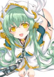 Rule 34 | 1girl, all fours, bikini, bikini bottom only, blush, breasts, chain, collar, crossed bangs, dragon girl, dragon horns, fang, fate/grand order, fate (series), green hair, hair between eyes, hair ornament, highres, hood, hood up, hooded robe, horns, kiyohime (fate), large breasts, long hair, long sleeves, looking at viewer, morizono shiki, multiple horns, open mouth, robe, simple background, smile, solo, swimsuit, tail, thighhighs, white background, white bikini, white robe, white thighhighs, wide sleeves, yellow eyes