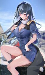 Rule 34 | 1girl, 258n, absurdres, adapted costume, armor, blue hair, blurry, breasts, chromatic aberration, cleavage, dark blue hair, day, depth of field, dress, foot out of frame, hat, highres, holding tripod, iizunamaru megumu, large breasts, legs, light smile, long hair, outdoors, pauldrons, pink eyes, pom pom (clothes), scarf, short dress, shoulder armor, single pauldron, sitting, sky, solo, tokin hat, touhou, very long hair