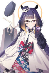Rule 34 | 1girl, asymmetrical sleeves, beret, black dress, black hat, black sleeves, blue eyes, blunt bangs, bow, cellphone, clothes hanger, coat, coat rack, dress, floral print, glasses, halo, hat, highres, holding, holding phone, hololive, hololive english, long hair, long sleeves, looking at viewer, mini hat, mismatched sleeves, mole, mole under eye, multicolored bow, multicolored clothes, multicolored dress, multicolored hair, ninomae ina&#039;nis, ninomae ina&#039;nis (party dress), ninomae ina&#039;nis (casual), official alternate costume, phone, pinafore dress, pinstripe pattern, pinstripe shirt, pointy ears, puffy sleeves, purple dress, rumi (rarumi11), shirt, simple background, sleeveless, sleeveless dress, smartphone, smile, solo, striped, tentacle hair, two-tone hair, very long hair, virtual youtuber, white background, white coat, white sleeves