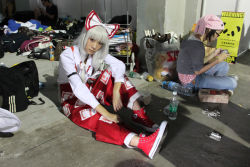 Rule 34 | 1girl, bow, chinese text, converse, cosplay, cosplay photo, female focus, fujiwara no mokou, hair bow, hair ribbon, handheld game console, highres, photo (medium), playstation portable, ribbon, shoes, silver hair, sneakers, solo, suspenders, touhou