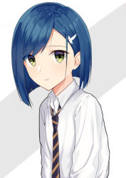Rule 34 | 10s, 1girl, black necktie, blue hair, collared shirt, darling in the franxx, green eyes, grz, hair ornament, hairclip, ichigo (darling in the franxx), long sleeves, looking at viewer, necktie, parted lips, shirt, short hair, simple background, solo, striped necktie, striped neckwear, swept bangs, upper body, white background, white shirt, wing collar