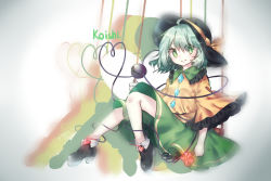 Rule 34 | 1girl, ahoge, ankle boots, aqua hair, black footwear, black hat, blouse, boots, bow, bright pupils, buttons, character name, closed mouth, diamond button, eyeball, eyes visible through hair, flower, frilled shirt collar, frilled sleeves, frills, full body, green eyes, green skirt, guozimiao, hat, hat bow, hat ribbon, heart, heart of string, high heel boots, high heels, holding, holding flower, komeiji koishi, long sleeves, looking at viewer, medium hair, ribbon, shirt, sitting, skirt, smile, solo, third eye, touhou, white background, wide sleeves, yellow bow, yellow ribbon, yellow shirt