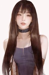 Rule 34 | 1girl, absurdres, black collar, blush, brown eyes, brown hair, collar, collarbone, detached sleeves, dress, expressionless, grey dress, head tilt, highres, k-pop, long hair, looking at viewer, looking to the side, nagamerin, parted lips, photorealistic, real life, realistic, red velvet (group), seulgi (red velvet), solo, very long hair