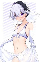 Rule 34 | 1girl, bikini, blush, bridal veil, bride, clothes lift, commentary, contrapposto, cowboy shot, elbow gloves, embarrassed, flower, flower (vocaloid), flower (vocaloid4), gloves, hair flower, hair ornament, highres, light smile, looking at viewer, midriff, multicolored hair, navel, open mouth, purple eyes, purple flower, purple hair, sarong, sarong lift, sena kizahashi, short hair, solo, streaked hair, swimsuit, veil, vocaloid, white bikini, white flower, white gloves, white hair