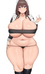 Rule 34 | 1girl, absurdres, blue eyes, breasts, brown hair, cleavage, gesture, highres, huge breasts, kneehighs, maid, maid headdress, mole, mole on breast, neneneji, original, plump, revealing clothes, socks, solo, standing, thick thighs, thighs, wide hips