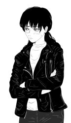 Rule 34 | 1girl, black hair, blush, chainsaw man, closed mouth, earrings, electricshark, highres, jacket, jewelry, leather, leather jacket, leather pants, mitaka asa, monochrome, pants, pov, solo