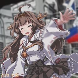 Rule 34 | 1girl, 547th sy, ahoge, blurry, blurry background, blush, breasts, brown hair, brown skirt, closed eyes, commentary request, dated, detached sleeves, frilled skirt, frills, highres, japanese clothes, kantai collection, kongou (kancolle), kongou kai ni (kancolle), long hair, long sleeves, motion blur, open mouth, ribbon-trimmed sleeves, ribbon trim, skirt, solo, tassel, waving, wide sleeves