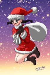 Rule 34 | artist name, black-framed eyewear, black footwear, black gloves, black hair, boots, braid, brown eyes, christmas, commentary, dated, dress, floating, frown, fukuda haru, fur-trimmed dress, fur-trimmed footwear, fur trim, girls und panzer, glasses, gloves, gradient sky, hat, holding, holding sack, legs up, long sleeves, looking to the side, low twin braids, low twintails, matsui yasutsugu, medium hair, open mouth, orange sky, over shoulder, purple sky, red dress, red hat, round eyewear, sack, santa boots, santa dress, santa hat, short dress, signature, sky, star (sky), starry sky, twin braids, twintails