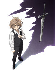 Rule 34 | 1boy, ahoge, balmung (fate/apocrypha), belt, black footwear, black pants, brown hair, command spell, different shadow, fate/apocrypha, fate (series), full body, hair between eyes, highres, long sleeves, looking at viewer, looking up, male focus, official art, pants, parted lips, planted, planted sword, planted weapon, red eyes, shadow, shirt, shoes, short hair, sieg (fate), solo, sword, waistcoat, weapon, white hair, white shirt, yamada yukei