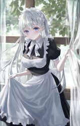 Rule 34 | 1girl, alternate costume, apron, apron lift, blue eyes, blush, bow, bowtie, chie (user snfh8333), clothes lift, commentary, curtains, enmaided, frilled apron, frills, grey hair, highres, indoors, long hair, looking at viewer, maid, maid apron, maid headdress, original, smile, solo, white bow, white bowtie, window