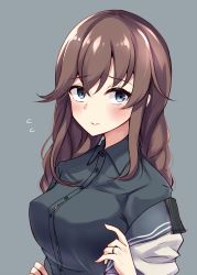 Rule 34 | 1girl, black sailor collar, black shirt, blue eyes, blush, breasts, brown hair, buttons, closed mouth, collarbone, flying sweatdrops, grey background, highres, jewelry, kantai collection, large breasts, long hair, noshiro (kancolle), revision, ring, sailor collar, shirt, simple background, solo, soramuko, upper body, wedding band