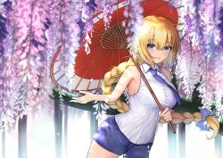 Rule 34 | 1girl, blonde hair, blue eyes, blue necktie, blue shorts, braid, breasts, fate/apocrypha, fate/grand order, fate (series), flower, highres, holding, holding umbrella, jeanne d&#039;arc (fate), jeanne d&#039;arc (girl from orleans) (fate), jeanne d&#039;arc (ruler) (fate), large breasts, long braid, long hair, necktie, nuts (hazel-nuts), oil-paper umbrella, red umbrella, shirt, short shorts, shorts, single braid, sleeveless, sleeveless shirt, solo, umbrella, very long hair, white shirt, wisteria