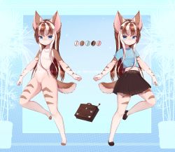 Rule 34 | 1girl, :3, animal ears, animal hands, artist name, bag, barefoot, blue background, blue eyes, blue outline, blue shirt, blush, body fur, breasts, brown footwear, brown hair, cat ears, cat girl, cat tail, closed mouth, clothes writing, coffee bean hair ornament, color guide, completely nude, english text, fang, fang out, faux text, female focus, full body, furry, furry female, hair ornament, hairclip, happy, heart, highres, leg up, light blush, long hair, looking at viewer, methynecros, midriff, miniskirt, multicolored hair, multiple views, navel, no nipples, no pussy, nude, original, outline, pawpads, pleated skirt, shirt, shoes, short sleeves, sidelocks, skin fang, skirt, small breasts, smile, standing, standing on one leg, stomach, streaked hair, symmetry, tail, two-tone hair, watermark, white hair