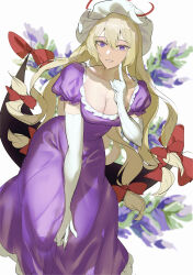 Rule 34 | 1girl, absurdres, blonde hair, bow, breasts, cleavage, commentary, dress, elbow gloves, gap (touhou), gloves, gunnjou yosio, hair bow, hat, hat ribbon, highres, index finger raised, large breasts, long hair, looking at viewer, mob cap, purple dress, purple eyes, red bow, red ribbon, ribbon, simple background, touhou, white background, white gloves, white headwear, yakumo yukari