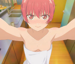Rule 34 | 1girl, anime screenshot, armpits, bare shoulders, blush, breasts, downblouse, highres, interior, kanojo mo kanojo, looking at viewer, naked towel, red eyes, red hair, saki saki (kanojo mo kanojo), screencap, small breasts, solo, stitched, third-party edit, towel, wet, wet hair