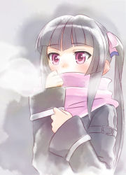 Rule 34 | 10s, 1girl, arm belt, black hair, blush, breath, coat, cold, grey background, hair ribbon, highres, hime cut, jacket, long hair, pink ribbon, pink scarf, purple eyes, ribbon, scarf, scarf over mouth, senki zesshou symphogear, sleeves past wrists, solo, tsukuyomi shirabe, twintails, unyon, upper body, winter, winter clothes, winter coat